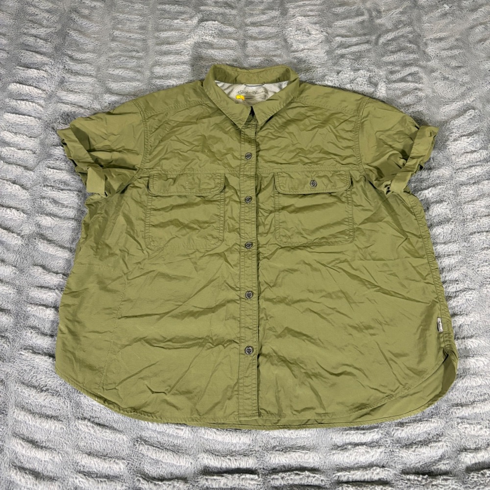Eddie Bauer Travex Womens XL Olive Green Ripstop Hiking Shirt Short Sleeve Vent